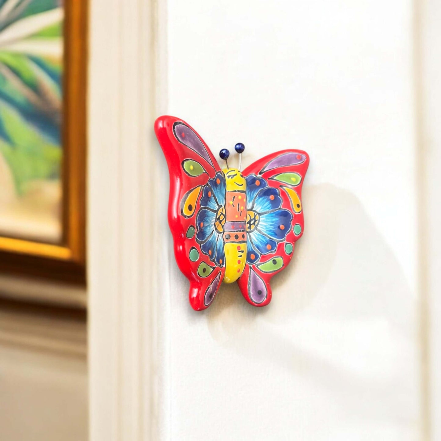 Talavera Butterfly Wall Hanging | Petite Animal Decor hand-painted red multicolor Talavera ceramic butterfly hook