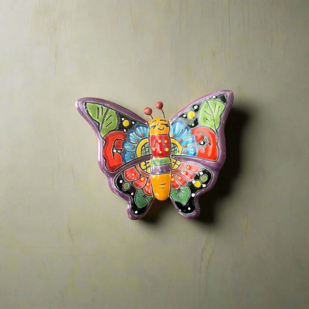Talavera Butterfly Wall Hanging | Petite Animal Decor - hand-painted Talavera ceramic butterfly with bright multicolor wings, Mexican artisan pottery