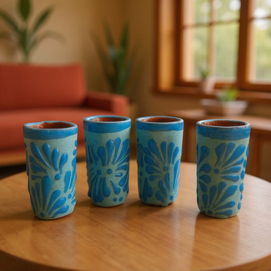Pink & Blue Talavera Shot Glass Set | Gender Reveal Party Favors on a wooden table