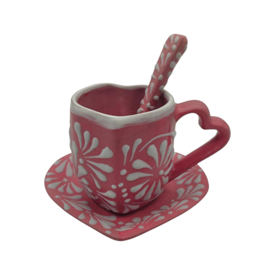 Pink Talavera heart mug set with floral plate and spoon, front view