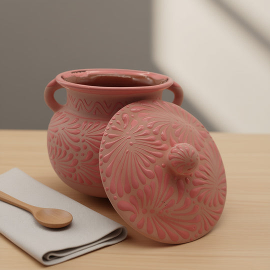 Pink Talavera Clay Bean Pot with Lid | Mexican Folk Art - hand-painted pink Talavera bean pot with raised floral motifs and lid