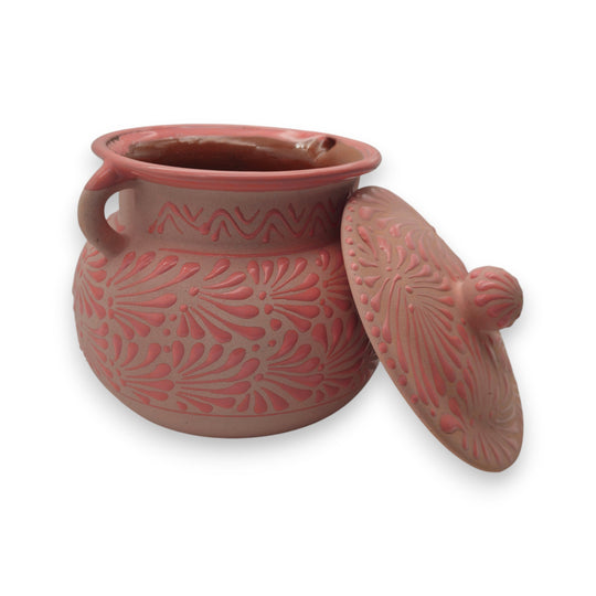 Pink Talavera Clay Bean Pot with Lid | Mexican Folk Art, hand-painted pink Talavera bean pot with raised floral motifs and lid