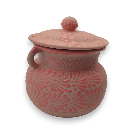 Pink Talavera Clay Bean Pot with Lid | Mexican Folk Art hand-painted pink Talavera bean pot with raised floral motifs and lid