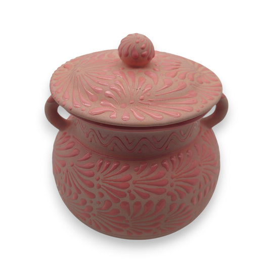 Pink Talavera Clay Bean Pot with Lid | Mexican Folk Art - hand-painted pink Talavera bean pot with raised floral motifs and lid