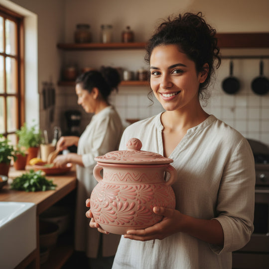 Pink Talavera Clay Bean Pot with Lid | Mexican Folk Art - woman holding hand-painted pink Talavera bean pot with lid in rustic kitchen (handcrafted, raised floral motifs)
