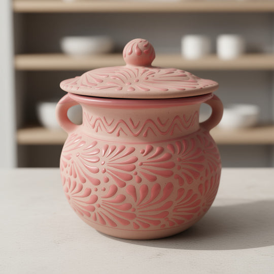 Pink Talavera Clay Bean Pot with Lid | Mexican Folk Art - hand-painted pink Talavera bean pot with raised floral motifs and lid