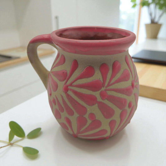 Pink Talavera Mug | Authentic Handmade Mexican Clay Jarrito - handcrafted pink Talavera jarrito with white floral etching, lead-free glaze from Guanajuato
