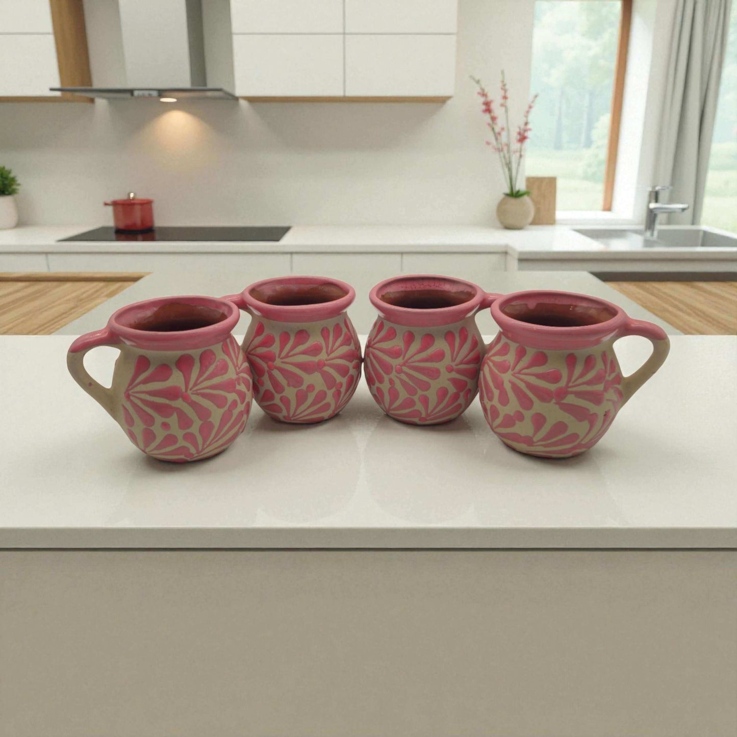 Pink Talavera Mug | Authentic Handmade Mexican Clay Jarrito - set of four pink hand-painted Talavera mugs with white floral etching
