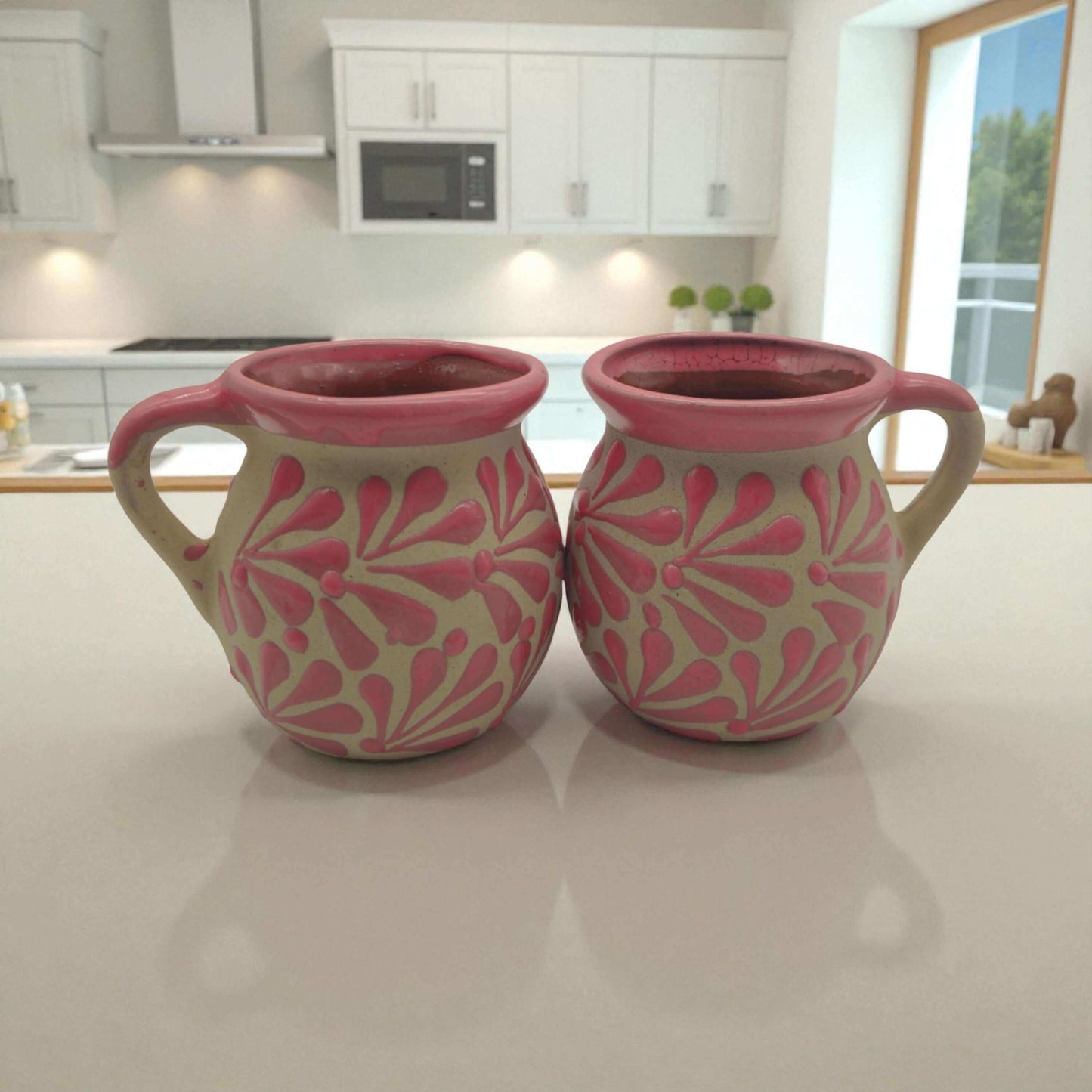 Pink Talavera Mug | Authentic Handmade Mexican Clay Jarrito - pair of hand-painted pink clay jarritos with white floral bursts