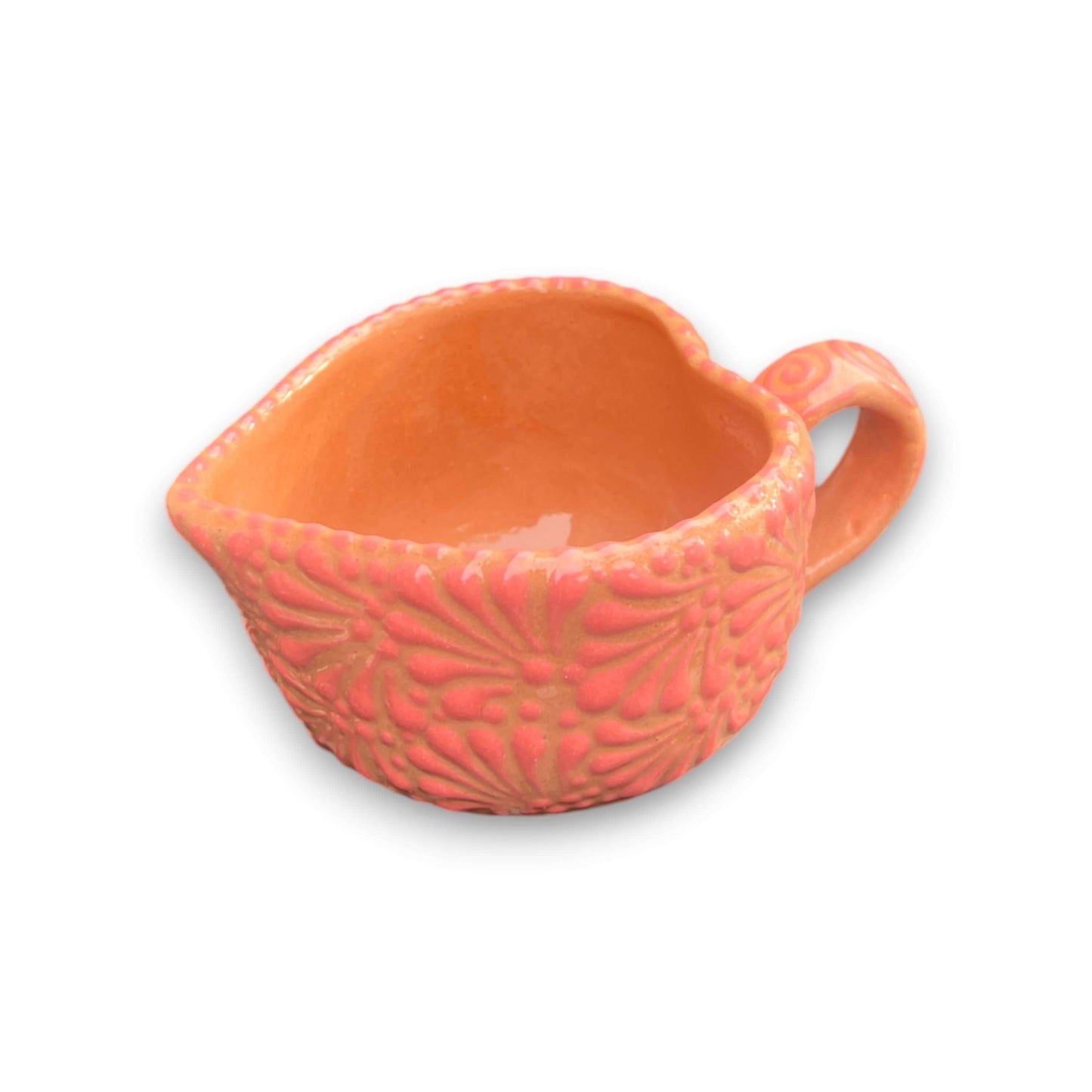 Talavera Heart Mug | Hand-Painted Pink Mexican Coffee Cup - hand-painted pink Talavera heart-shaped ceramic mug with floral texture, glazed finish