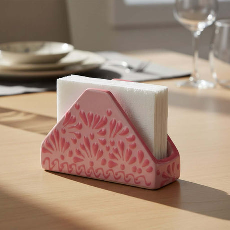 The Talavera Hub pink ceramic napkin holder with a floral glazed design. Holds white paper napkins.