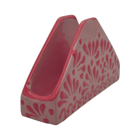 Pink Talavera Napkin Holder | Floral Glazed Design - Handcrafted ceramic with floral patterns in soft pink shades.