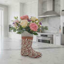 Talavera Boot Planter | Hand-Painted Mexican Pottery Accent hand-painted brown boot planter with white floral patterns and roses on kitchen counter
