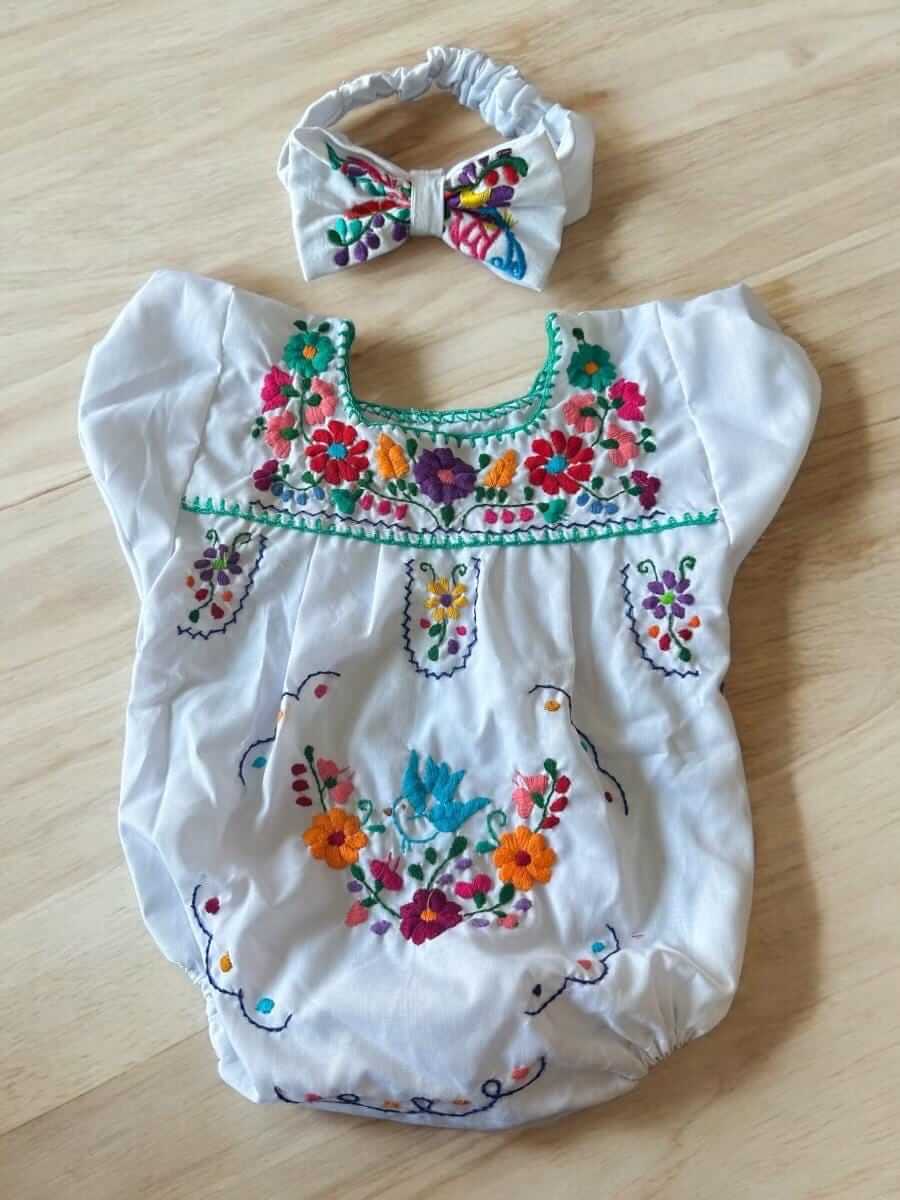 Puebla Baby Romper & Headband - Hand-Embroidered