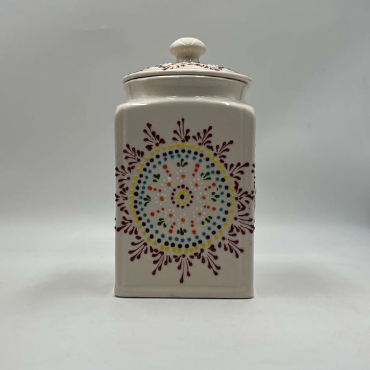 Mexican Handmade Talavera Canister Set | Puebla Mexican Pottery - handcrafted white Talavera canister with colorful floral medallion design