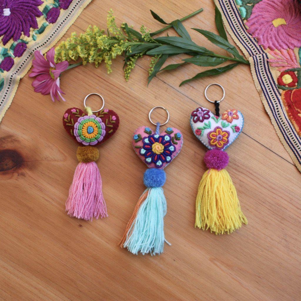 Rapture Embroidered Heart Love Handmade Key Chain | Zipper Pull - Mexico