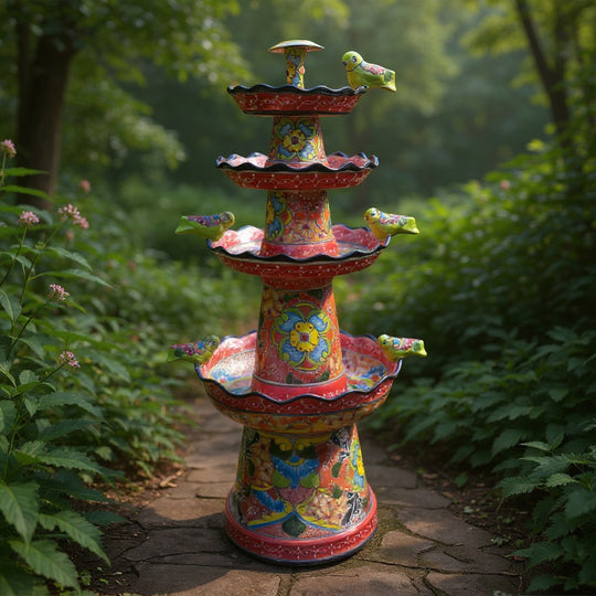 Red & Blue Rim Talavera Fountain | Multicolor Tiered Design in garden