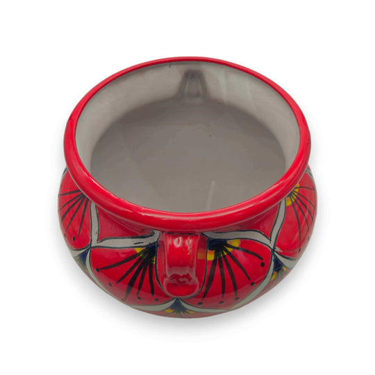 Red Peacock Talavera Planter | Hand-Painted Mexican Pot - top view of hand-painted red peacock petal motifs, kiln-fired lead-free glaze