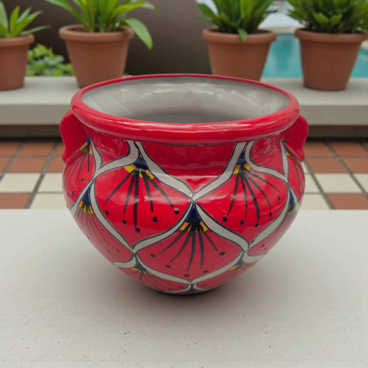 Red Peacock Talavera Planter | Hand-Painted Mexican Pot - handcrafted red Talavera flower pot with peacock petal motifs and blue outlines
