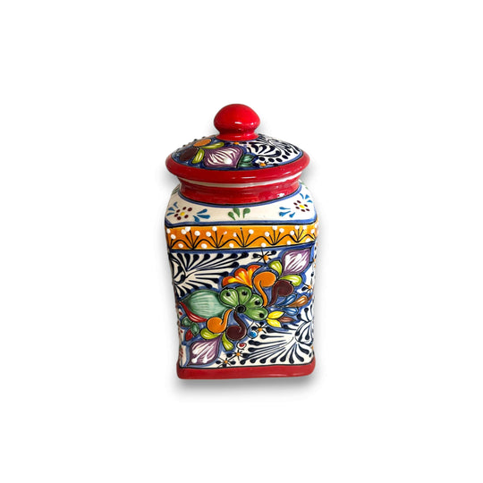 Red Talavera Canister Set | Hand-Painted Mexican Kitchen Jars - hand-painted red floral Talavera ceramic canister from Guanajuato, lead-free glazed