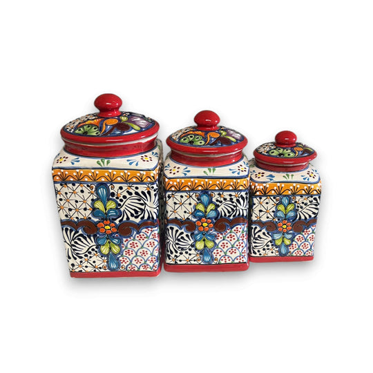 Red Talavera Canister Set | Hand-Painted Mexican Kitchen Jars - three red-lidded hand-painted Talavera ceramic canisters with floral patterns
