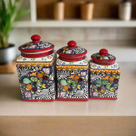 Red Talavera Canister Set | Hand-Painted Mexican Kitchen Jars – three hand-painted red Talavera ceramic canisters with floral patterns