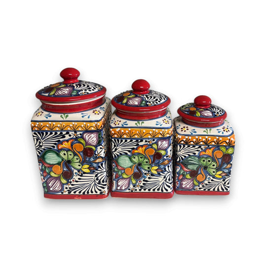 Red Talavera Canister Set | Hand-Painted Mexican Kitchen Jars - three red hand-painted Talavera kitchen jars with floral patterns