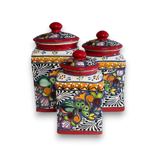 Red Talavera Canister Set | Hand-Painted Mexican Kitchen Jars - three hand-painted red Talavera ceramic canisters with floral patterns