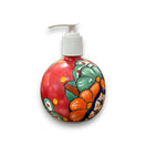 Round Talavera Soap Dispenser | Hand-Painted Ceramic Bottle — round hand-painted floral Talavera ceramic soap dispenser with clear pump