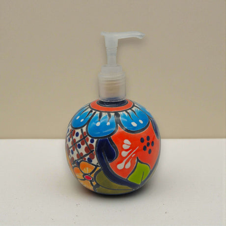 Round Talavera Soap Dispenser | Hand-Painted Ceramic Bottle with vibrant hand-painted floral and geometric motifs, clear pump
