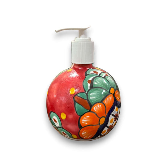Round Talavera Soap Dispenser | Hand-Painted Ceramic Bottle — round hand-painted floral Talavera ceramic soap dispenser with clear pump