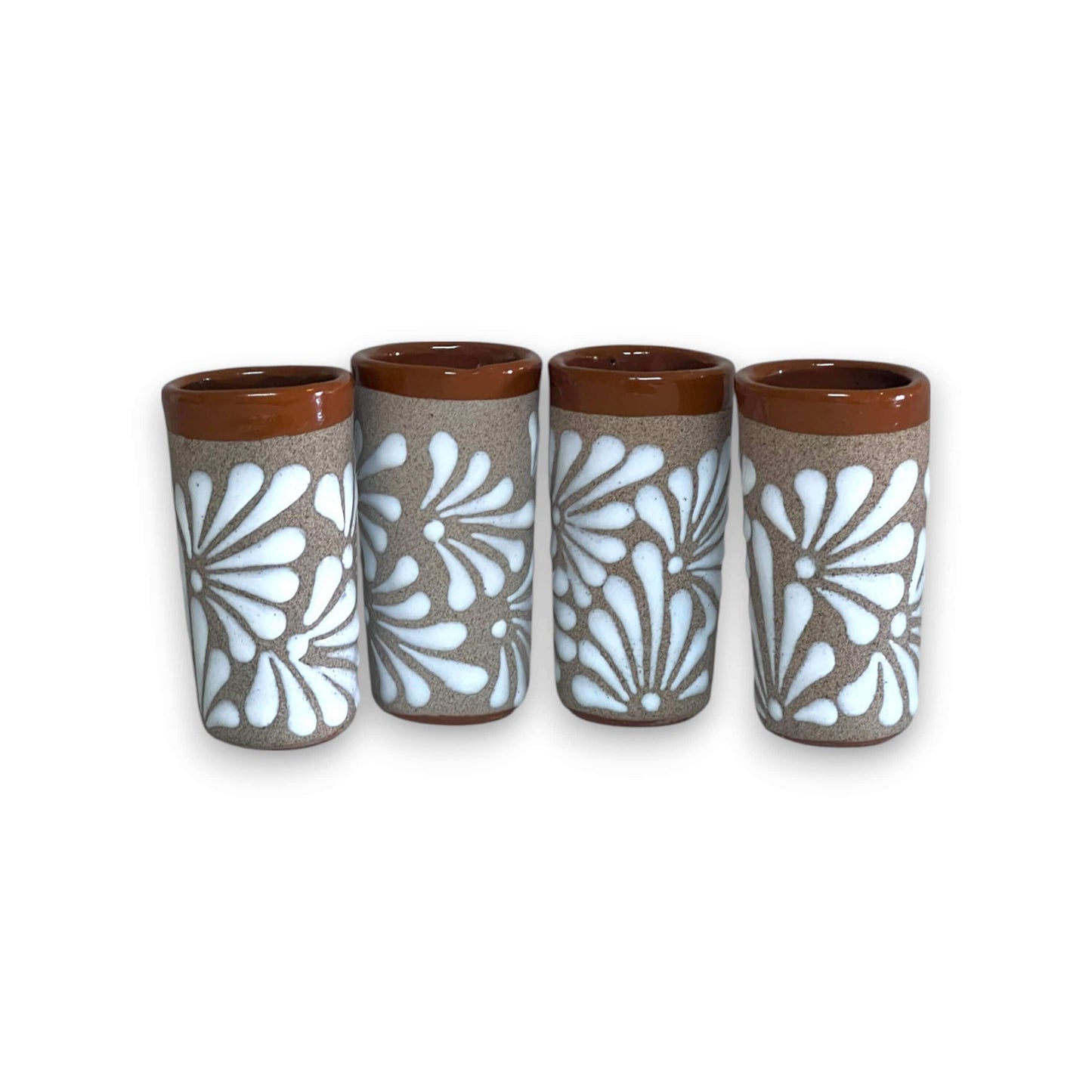 Rustic Talavera Shot Glass | Handmade Mexican Ceramic Drinkware - set of 4 rustic hand-painted white floral lead-free shot glasses