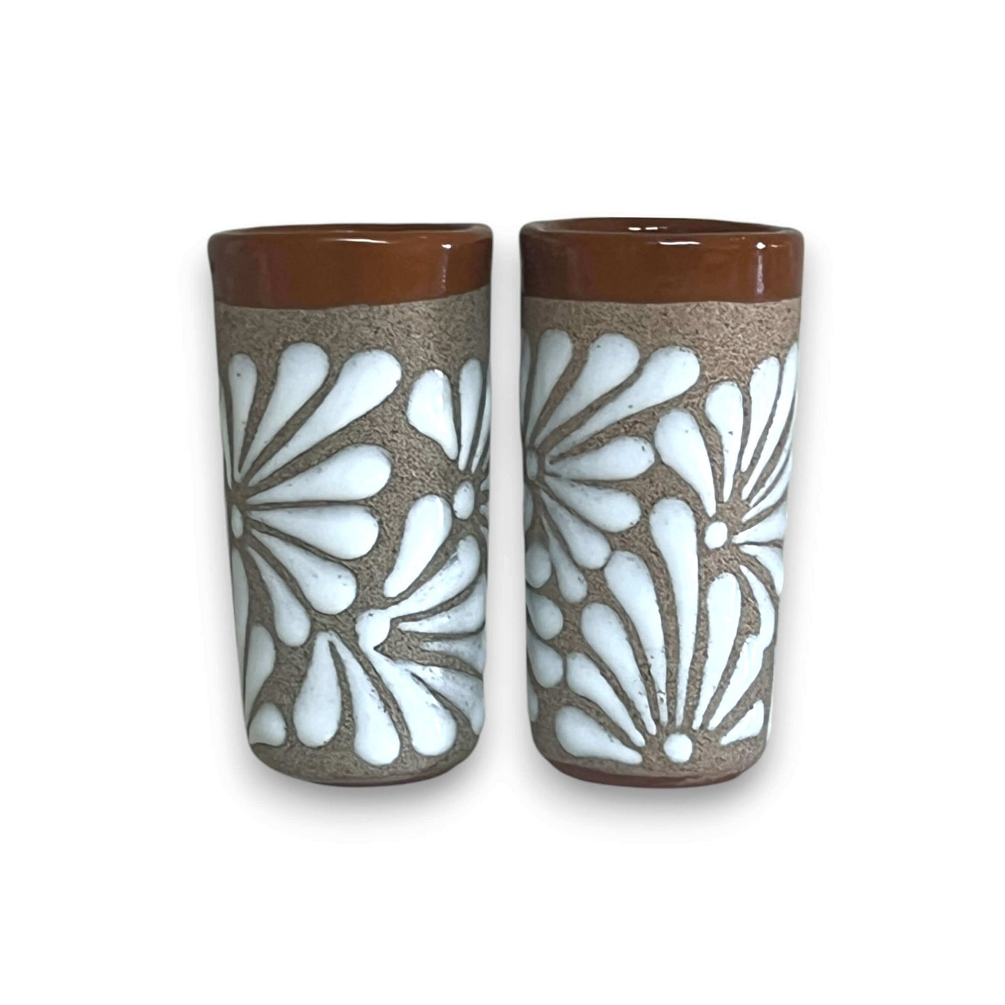 Rustic Talavera Shot Glass | Handmade Mexican Ceramic Drinkware - pair of handcrafted brown ceramic shot glasses with white floral Talavera design