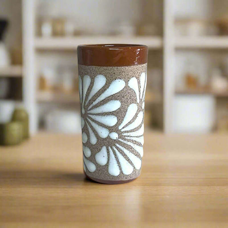 Rustic Talavera Shot Glass | Handmade Mexican Ceramic Drinkware — rustic textured shot glass with hand-painted white floral design