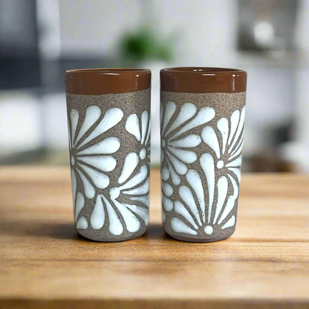 Rustic Talavera Shot Glass | Handmade Mexican Ceramic Drinkware - pair of rustic hand-painted white floral shot glasses with textured finish