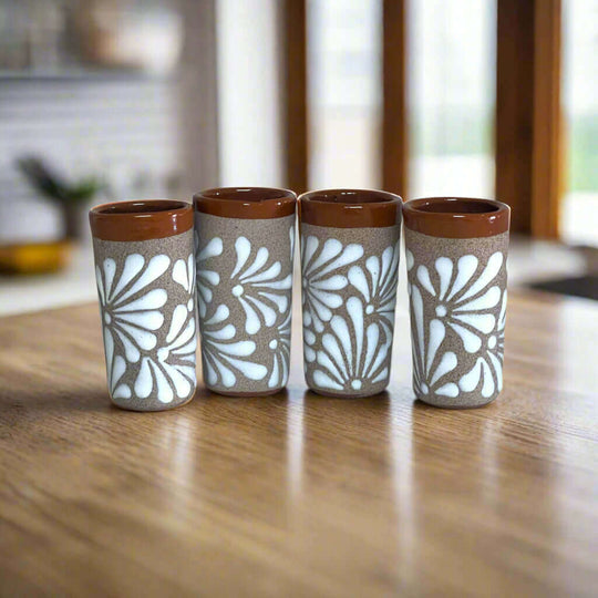 Rustic Talavera Shot Glass | Handmade Mexican Ceramic Drinkware - set of four rustic hand-painted white floral ceramic shot glasses