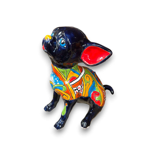 Talavera Chihuahua Statue | Sad Handmade Mexican Dog - glossy black hand-painted Talavera ceramic chihuahua with colorful floral pattern
