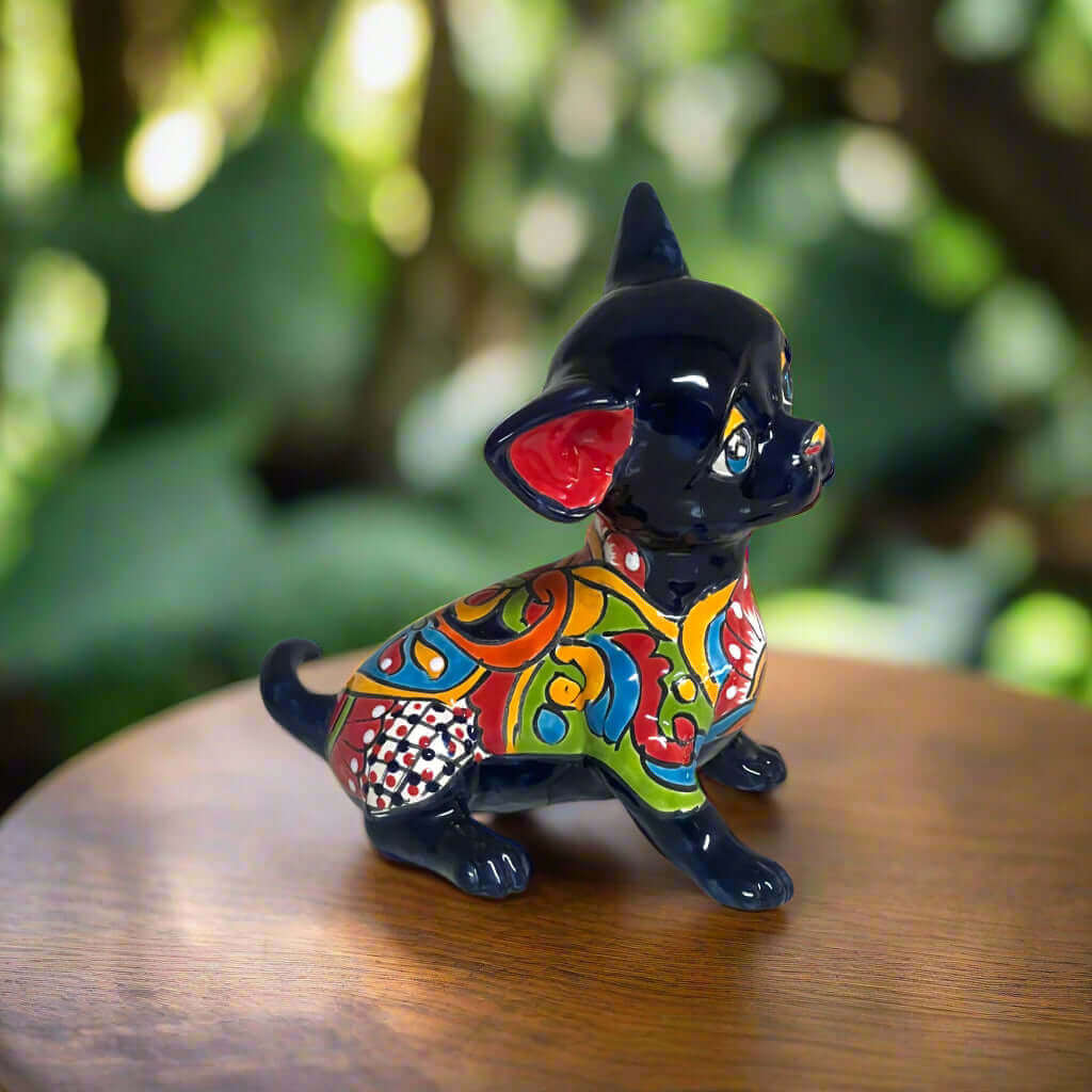 Talavera Chihuahua Statue | Sad Handmade Mexican Dog glossy black hand-painted Talavera chihuahua figurine with colorful patterns