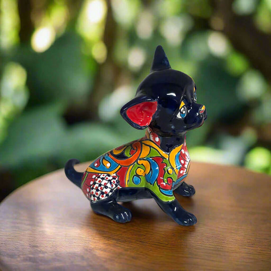 Talavera Chihuahua Statue | Sad Handmade Mexican Dog glossy black hand-painted Talavera chihuahua figurine with colorful patterns