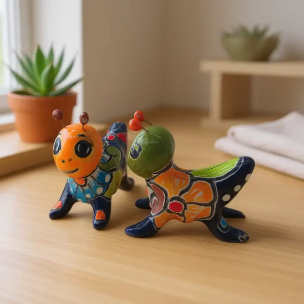 Set of 2 Colorful Talavera Crickets | Mexican Ceramic Art – hand-painted Talavera cricket pair in cobalt blue, yellow and red, decorative ceramic accent