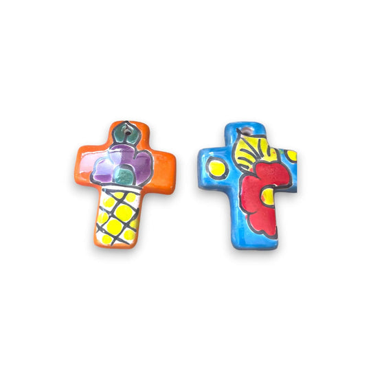 Set of 2 Tiny Talavera Crosses | Handcrafted Mexican Art - colorful hand-painted orange and blue ceramic crosses with floral and geometric motifs