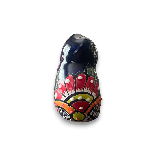 Set of 2 Talavera Cat Statues | Small Handmade Mexican Figurines — hand-painted navy Talavera cat with floral pattern, lead-free glazed Mexican ceramic