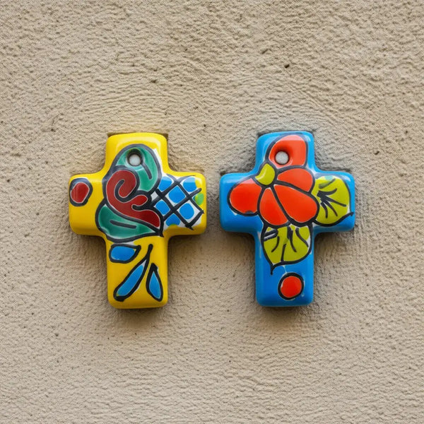 Set of 2 Tiny Talavera Crosses | Handcrafted Mexican Art - colorful hand-painted yellow and blue ceramic crosses with floral motifs