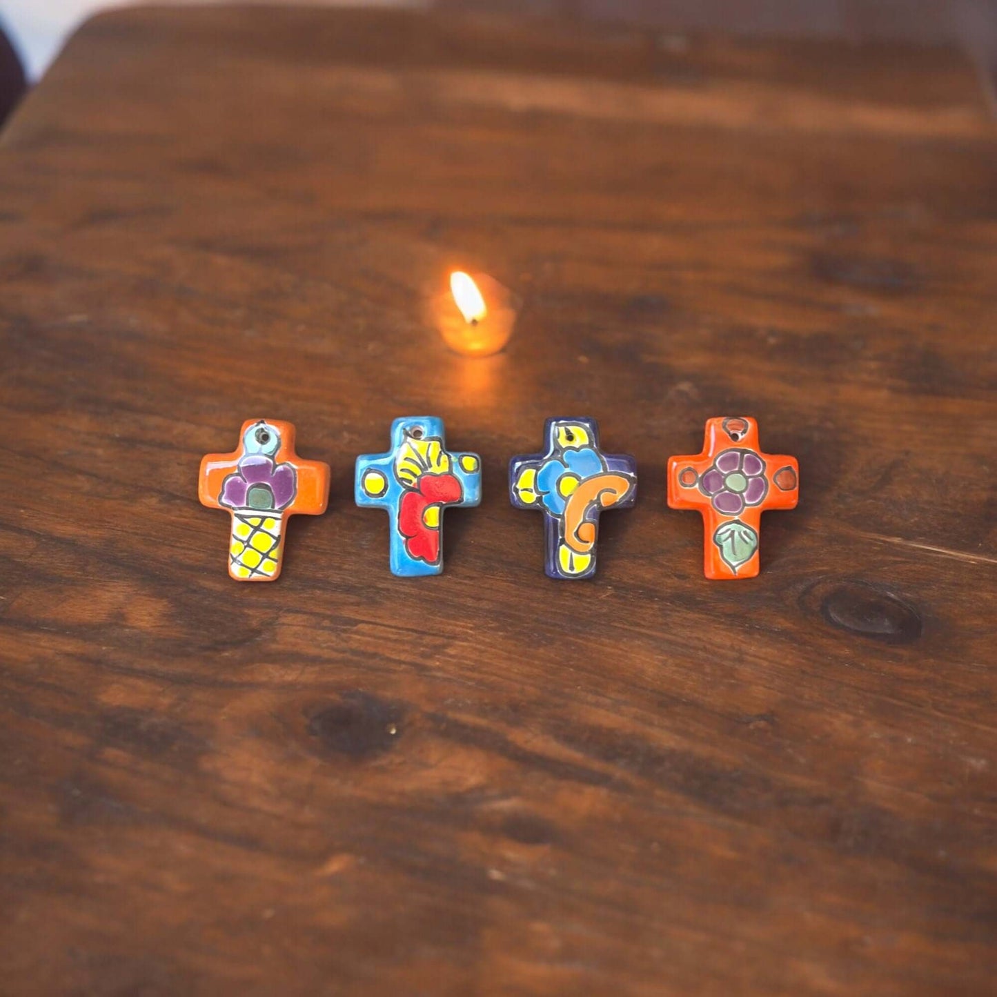 Set of 2 Tiny Talavera Crosses | Handcrafted Mexican Art - colorful handcrafted Talavera ceramic crosses with floral and geometric motifs on wood