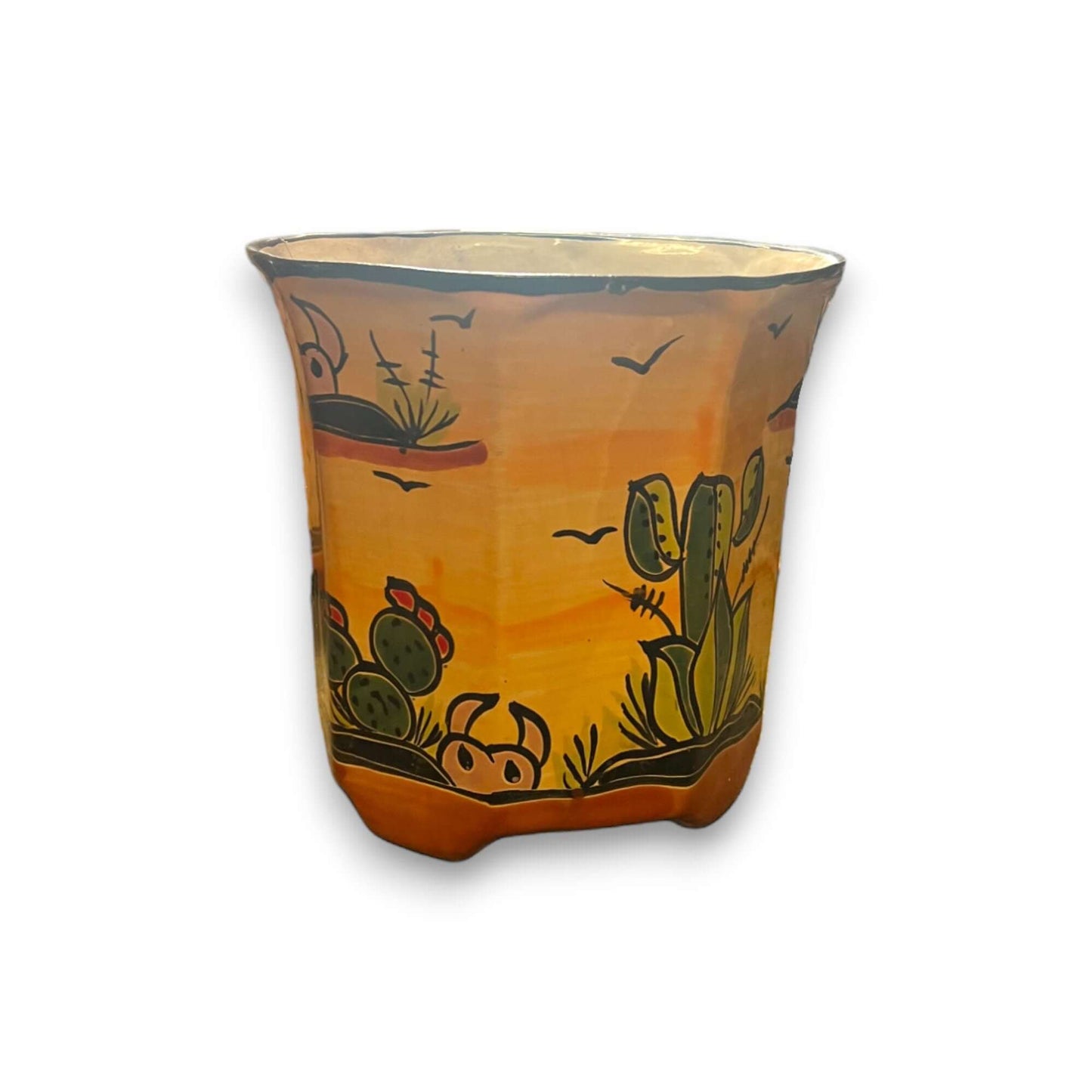 Set of 3 Vibrant Talavera Planters | Hand-Painted Desert Landscape Pottery - hand-painted Mexican desert cactus planter, kiln-fired lead-free glaze