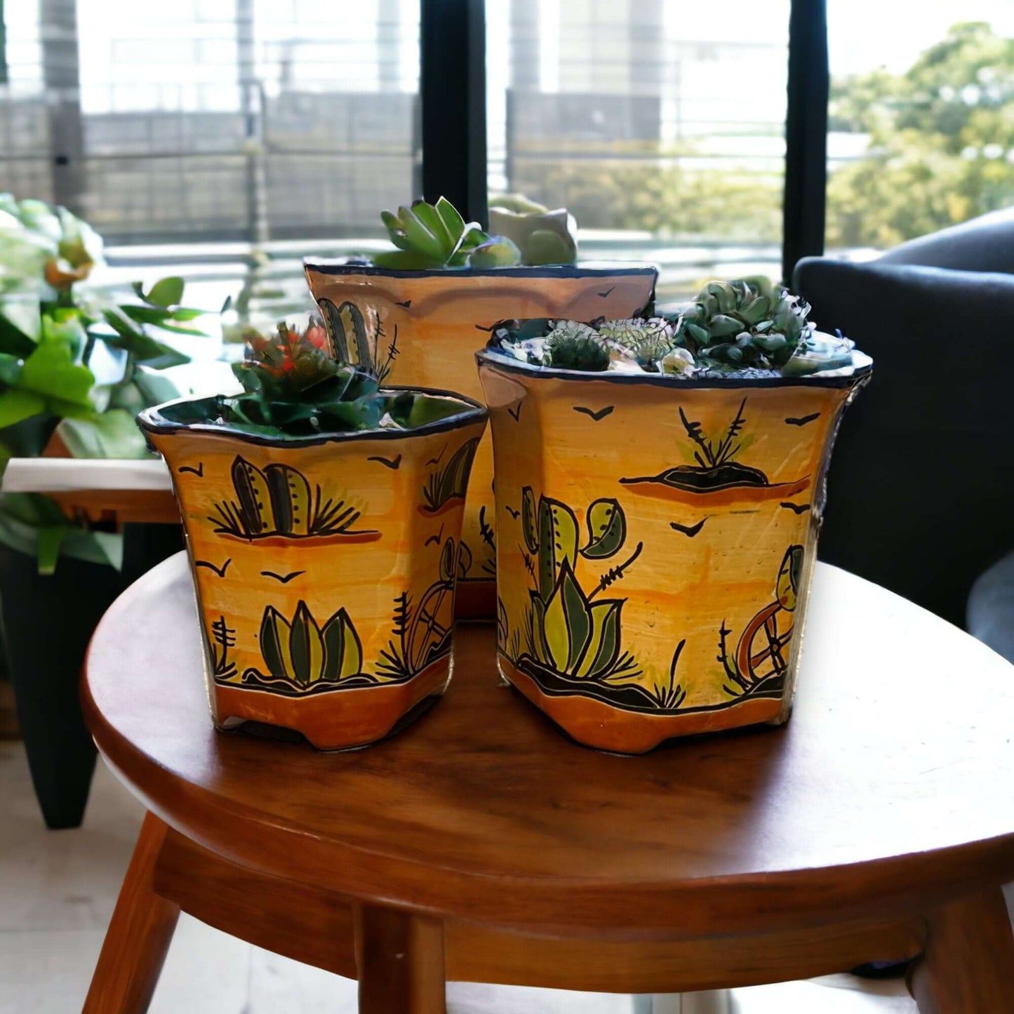 Set of 3 Vibrant Talavera Planters | Hand-Painted Desert Landscape Pottery - hand-painted Mexican desert cactus planters with succulents, kiln-fired lead-free glaze