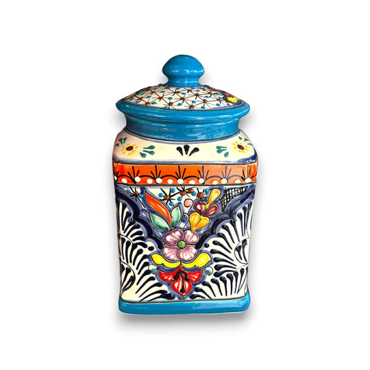 Set of 3 Light Blue Talavera Canister Set | Handmade Mexican Pottery from Puebla - single hand-painted Talavera jar with floral design