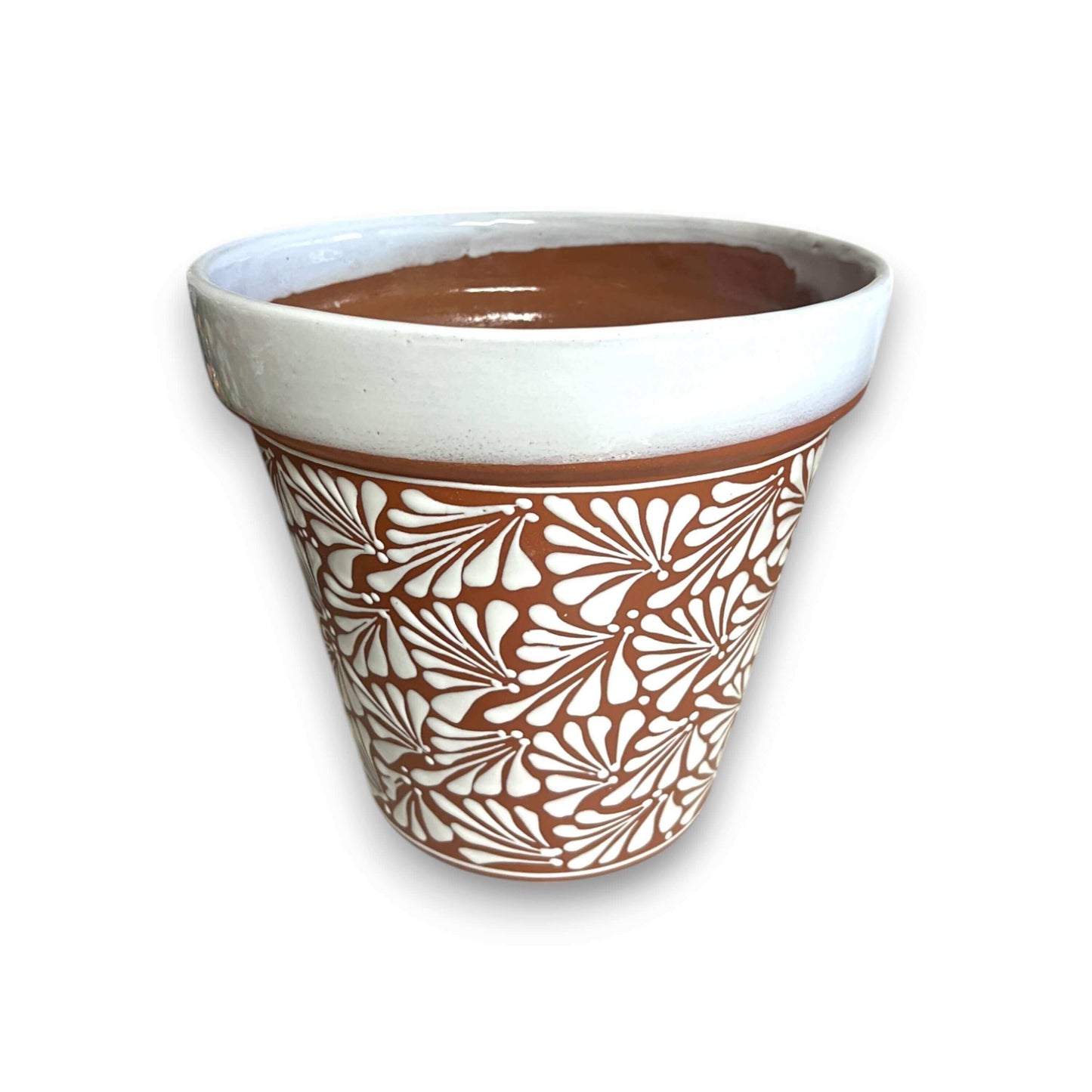 Set of 3 Talavera Flower Pots | Brown & White Terracotta Planters - hand-painted brown terracotta pot with white floral brushwork