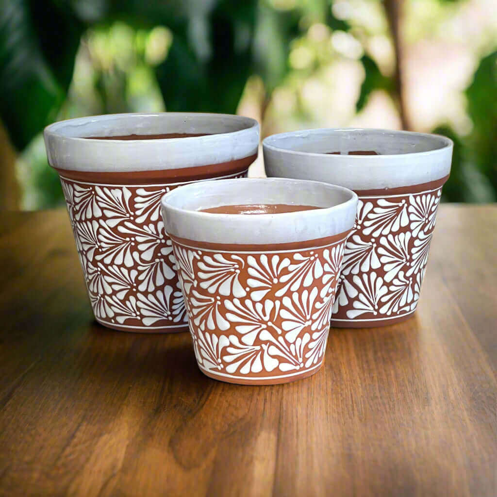 Set of 3 Talavera Flower Pots | Brown & White Terracotta Planters - handcrafted brown terracotta pots with white floral Talavera design