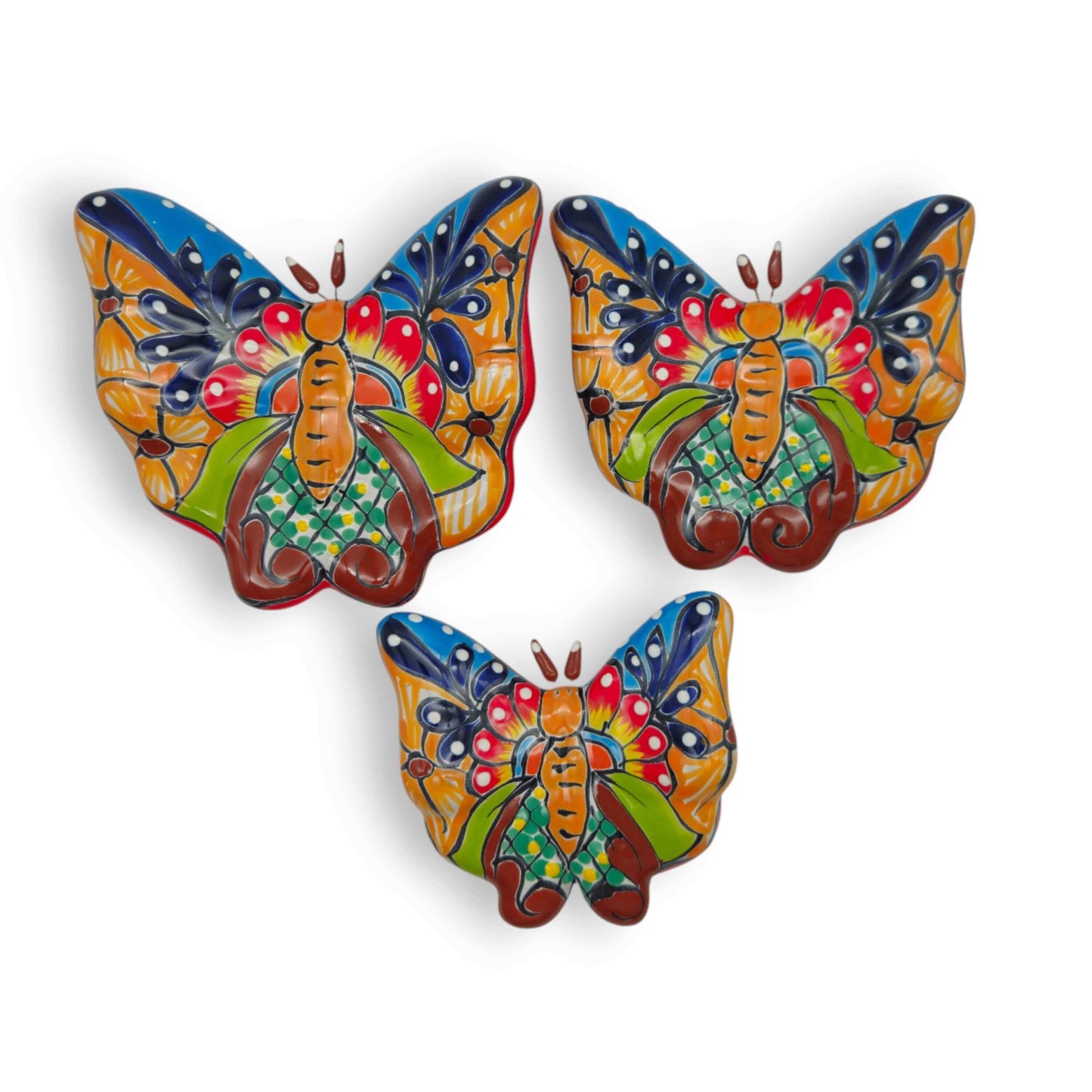 Set of 3 Talavera Butterfly Wall Art | Mexican Wall Hangings - hand-painted colorful Talavera ceramic butterflies from Guanajuato, Mexico